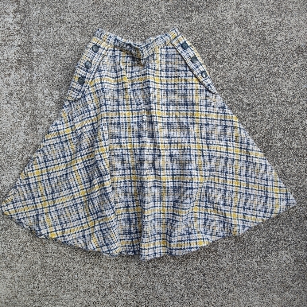 Vintage 50s Plaid Wool Skirt Irish Tweed Poodle Donegal Yellow Gray Size Small